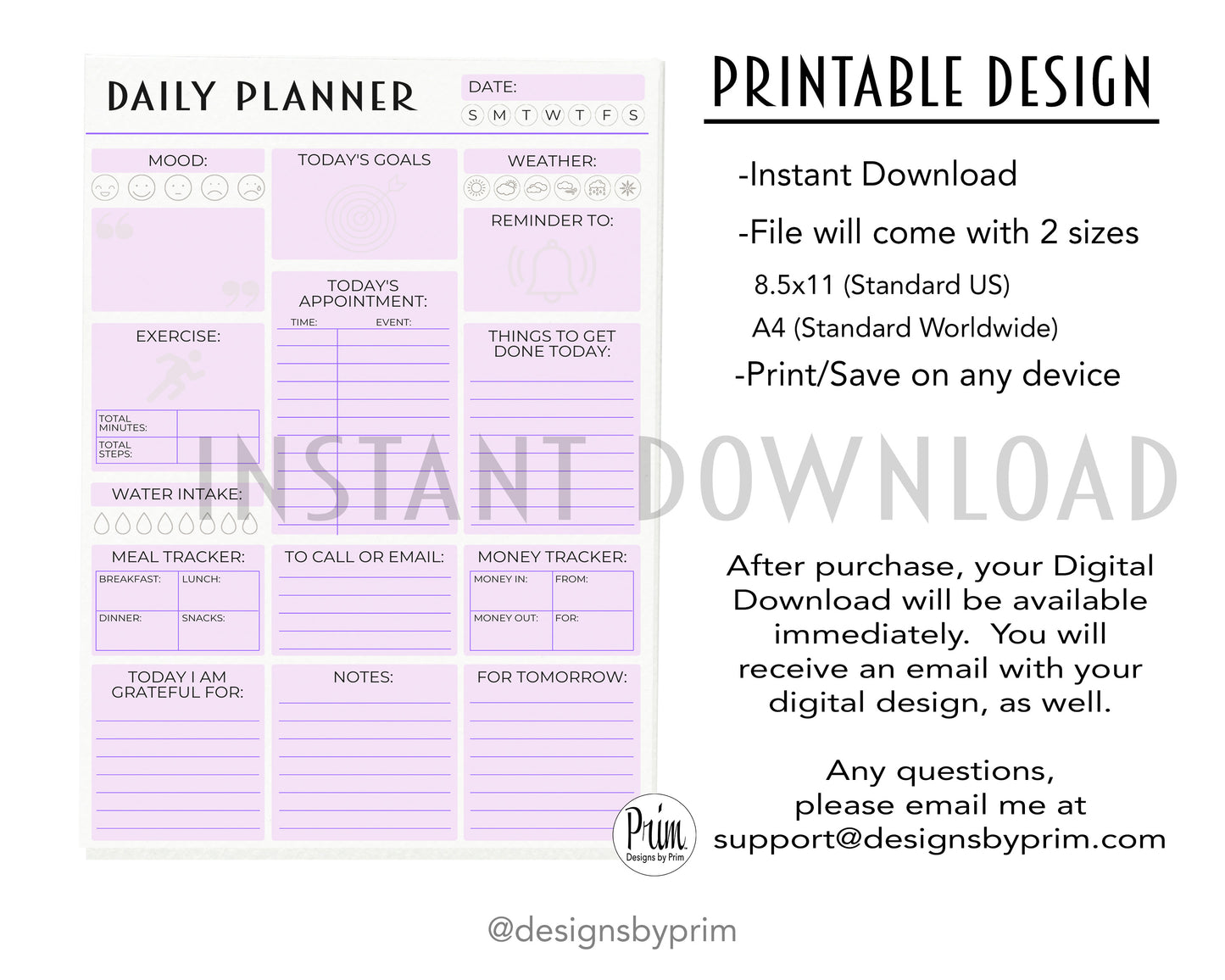Designs by Prim Daily Planner Undated Purple | Mood Tracker Fitness Exercise Water Intake Meal Tracker Goals Appointments Weather Reminder Money Tracker