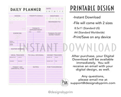 Designs by Prim Daily Planner Undated Purple | Mood Tracker Fitness Exercise Water Intake Meal Tracker Goals Appointments Weather Reminder Money Tracker
