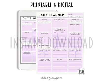 Designs by Prim Daily Planner Undated Purple | Mood Tracker Fitness Exercise Water Intake Meal Tracker Goals Appointments Weather Reminder Money Tracker