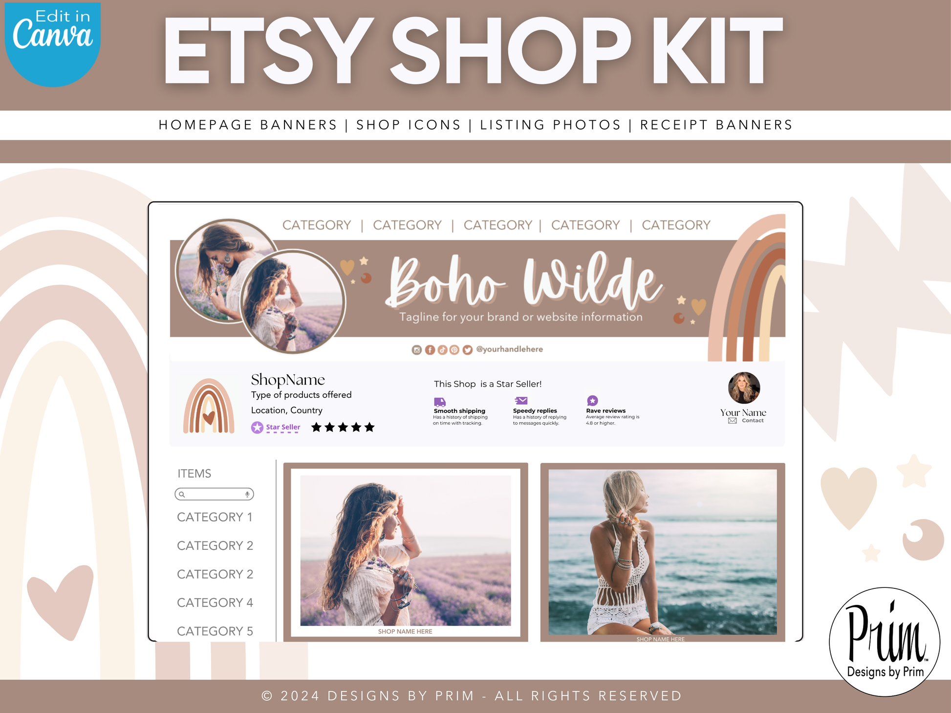 Designs by Prim Etsy Shop Kit | Etsy Banner Templates | Etsy Store Listing Bundle | Canva Editable Template | Etsy Seller Branding Design | Store Mock Ups Jessica Nethery Designer Business Branding