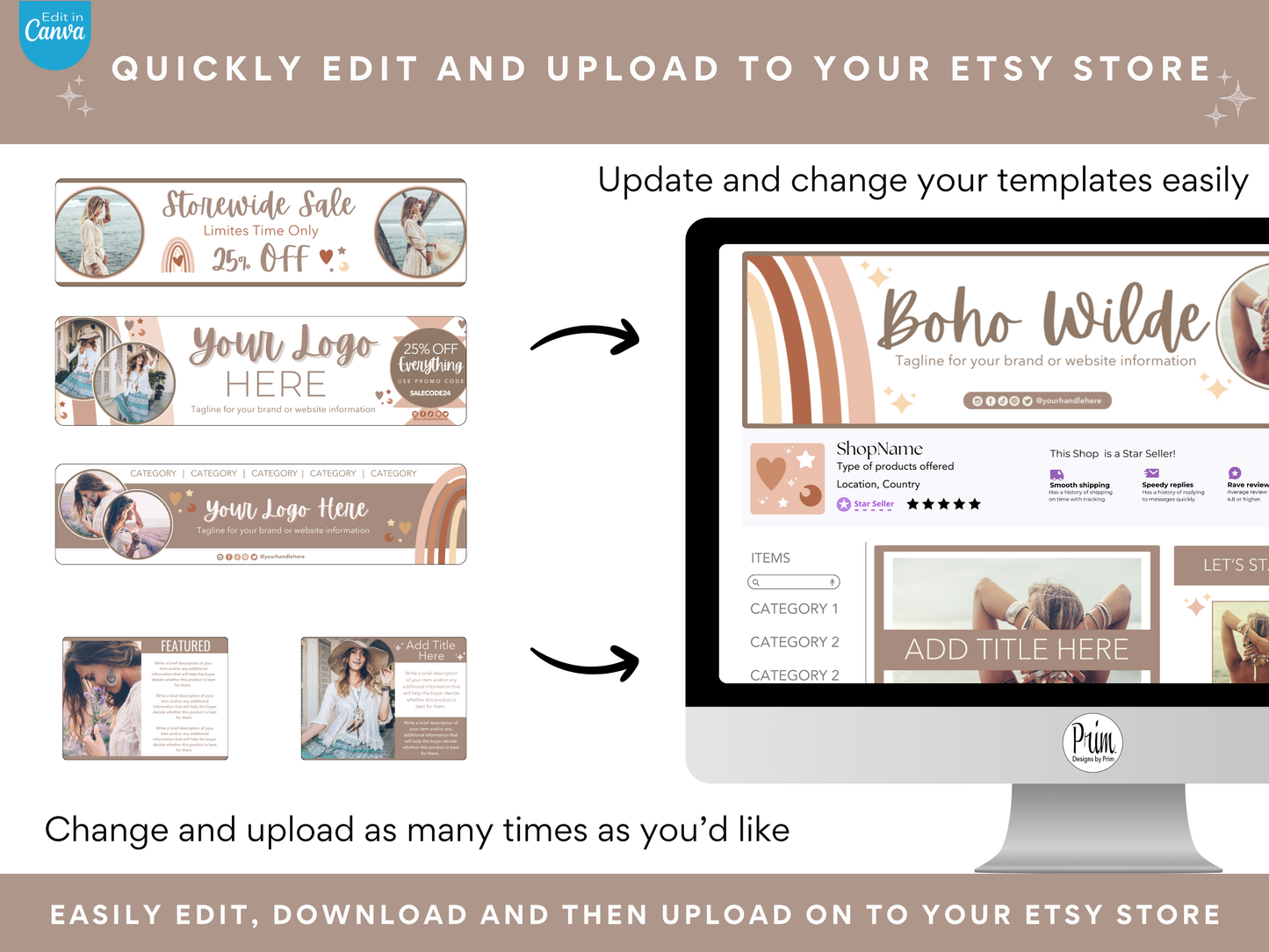 Designs by Prim Etsy Shop Kit | Etsy Banner Templates | Etsy Store Listing Bundle | Canva Editable Template | Etsy Seller Branding Design | Store Mock Ups Jessica Nethery Designer Business Branding