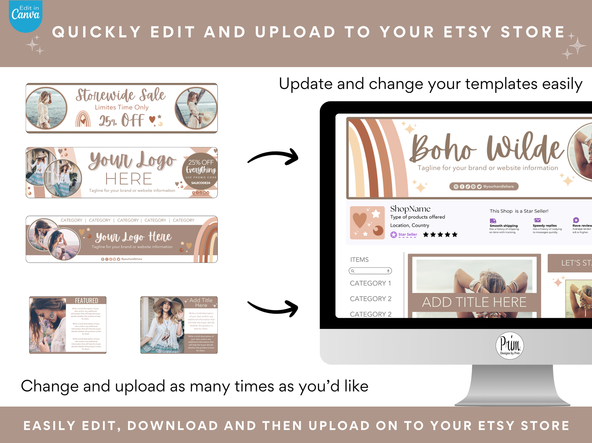 Designs by Prim Etsy Shop Kit | Etsy Banner Templates | Etsy Store Listing Bundle | Canva Editable Template | Etsy Seller Branding Design | Store Mock Ups Jessica Nethery Designer Business Branding