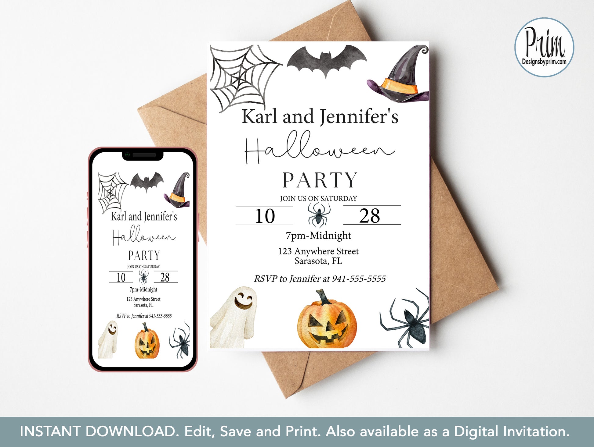 Designs by Prim Halloween Party Invitation Print Digital | Pumpkin Bat Spider Web Spooky Season Editable Invite Template INSTANT DOWNLOAD Cell Phone