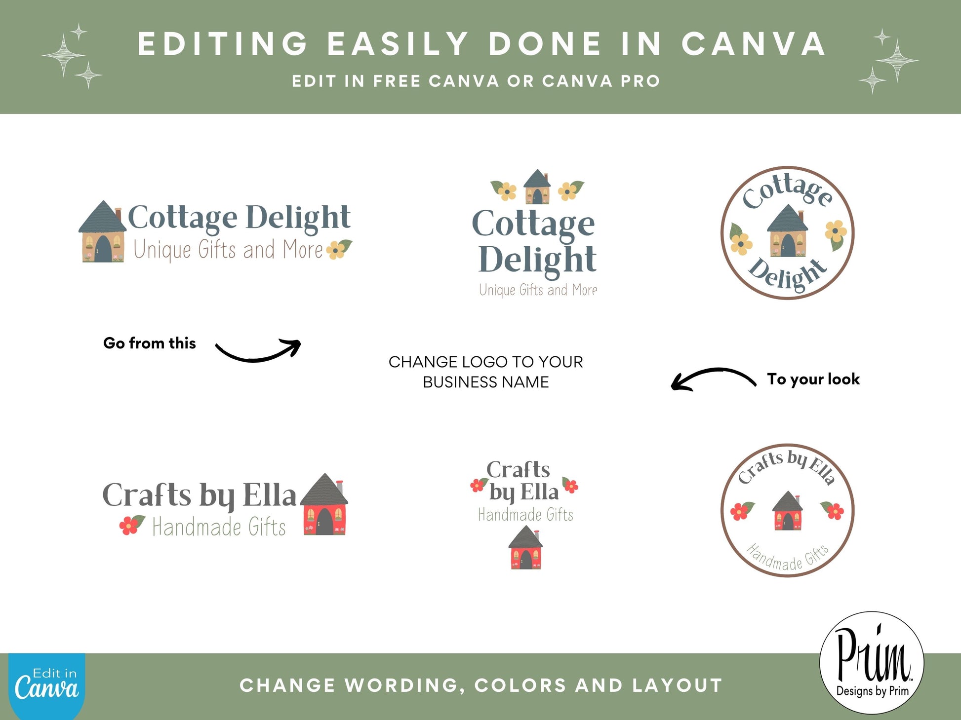 Designs by Prim Cottage Delight Logo Design Template Canva | Small Business Logo | Editable Logo Template | Business Branding Logo | DIY Logo Design | Brand Kit