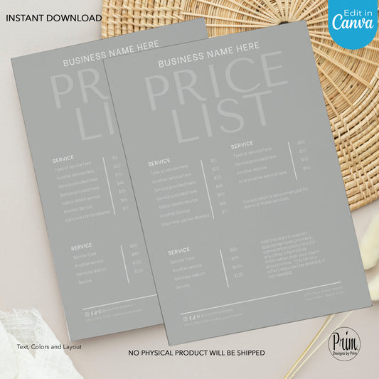 Designs by Prim Simply Modern Business Price List Card | Editable Pricelist Template| Business Card Template | Offered Card | Products Services Template
