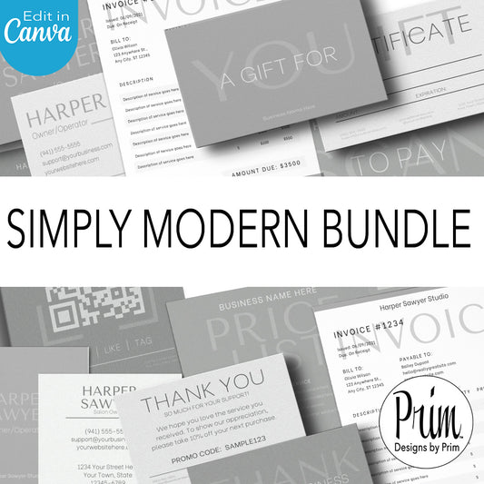 Designs by Prim Simply Modern Business Branding Bundle | Business Card| Price List | Invoice Template | Social Media Follow | Thank You Card | Loyalty Card