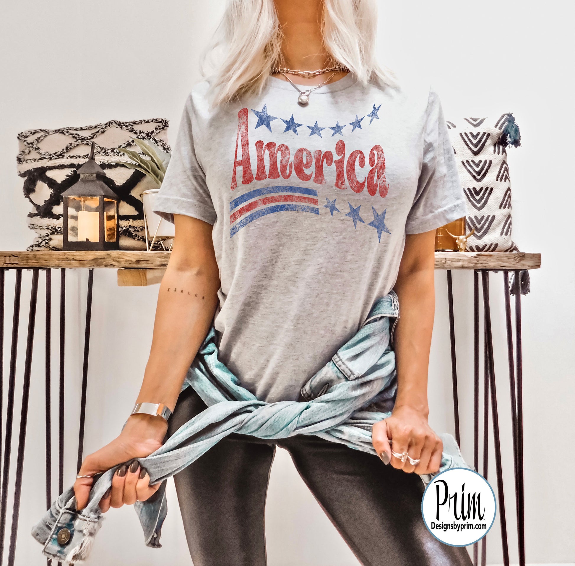 Designs by Prim America Flag Soft Unisex T-Shirt | Home of the Free because of the Brave Fourth of July Memorial Day Veterans Day Patriotic Shirt Top