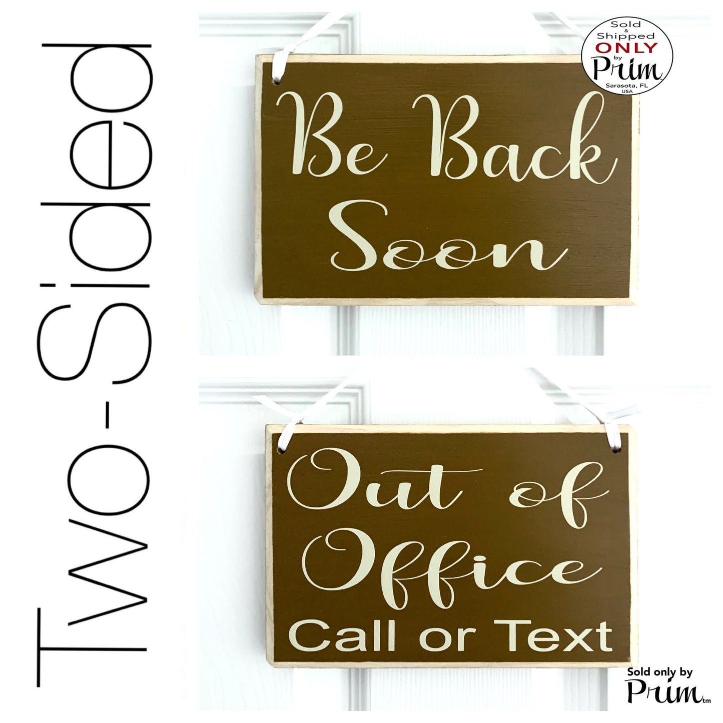 Designs by Prim Two Sided 8x6 Be Back Soon Out of Office Call or Text Custom Wood Sign | Welcome Please Knock Be Back Shortly Sorry We Missed You Plaque