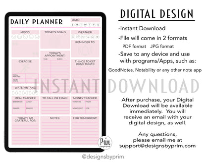 Designs by Prim Daily Planner Undated Pink | Mood Tracker Fitness Exercise Water Intake Meal Tracker Goals Appointments Weather Reminder Money Tracker