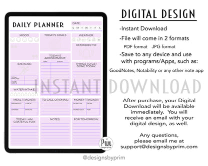 Designs by Prim Daily Planner Undated Purple | Mood Tracker Fitness Exercise Water Intake Meal Tracker Goals Appointments Weather Reminder Money Tracker
