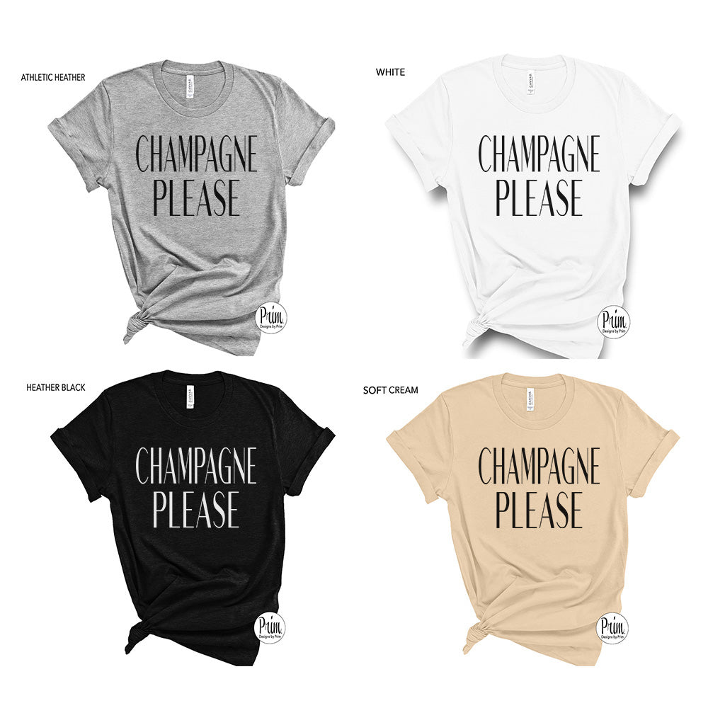 Designs by Prim Champagne Please Soft Unisex T-Shirt | Brunch Happy Hour GNO Champs Bubbly Mimosas Popped Cork Graphic Tee Top Shirt