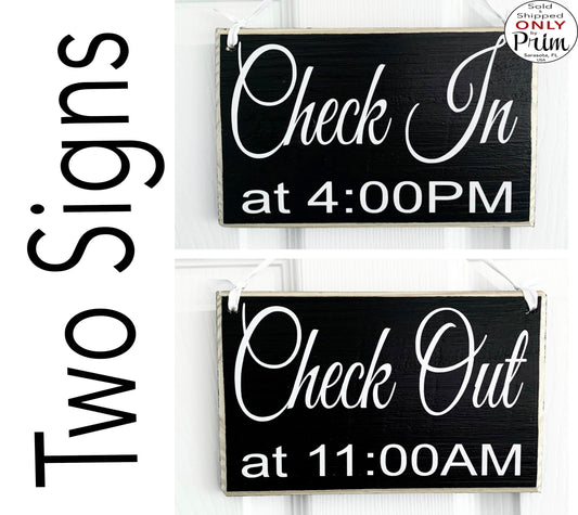 Designs by Prim 8x6 Check In Check Out WITH Times Set of 2 Custom Wood Signs | Hotel Motel Bed and Breakfast airbnb Sign in Room Concierge Door Wall Plaque