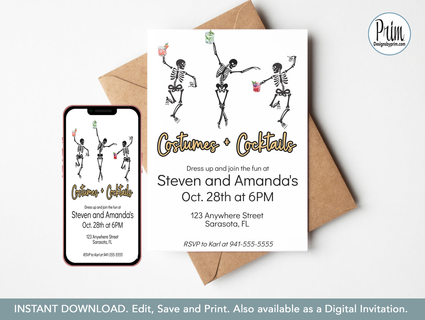 Designs by Prim Costumes and Cocktails Halloween Party Invitation Print Digital | Pumpkin Bat Spooky Season Editable Template INSTANT DOWNLOAD Cell Phone
