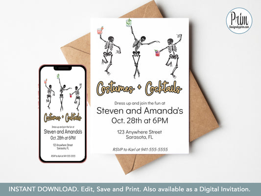 Designs by Prim Costumes and Cocktails Halloween Party Invitation Print Digital | Pumpkin Bat Spooky Season Editable Template INSTANT DOWNLOAD Cell Phone