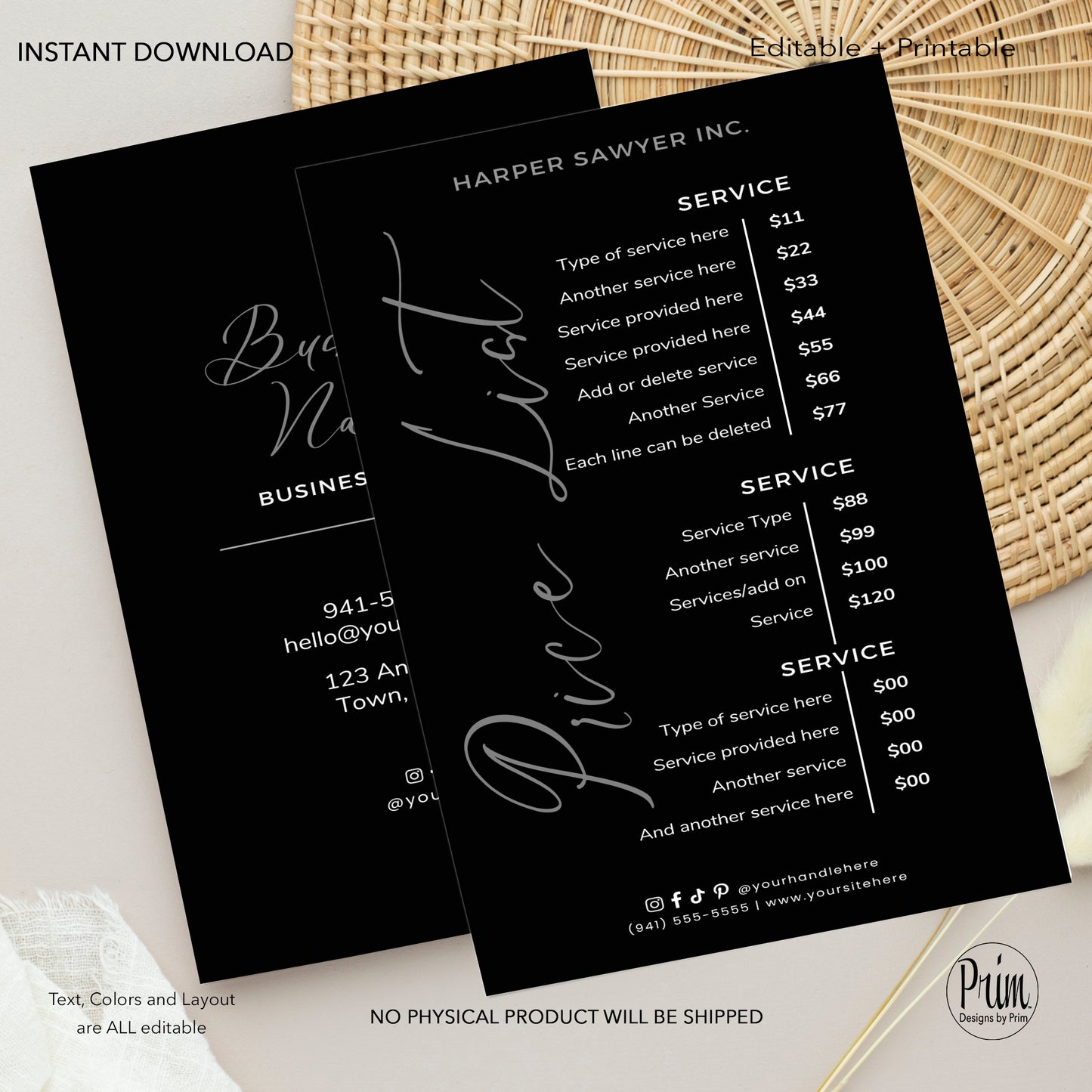 Designs by Prim Business Price List Card | Editable Pricelist Template| Business Card Template | Services Offered Card | Products and Services Template