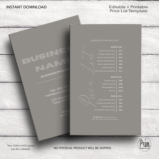Designs by Prim Business Price List Card | Editable Pricelist Template| Business Card Template | Services Offered Card | Products and Services Template