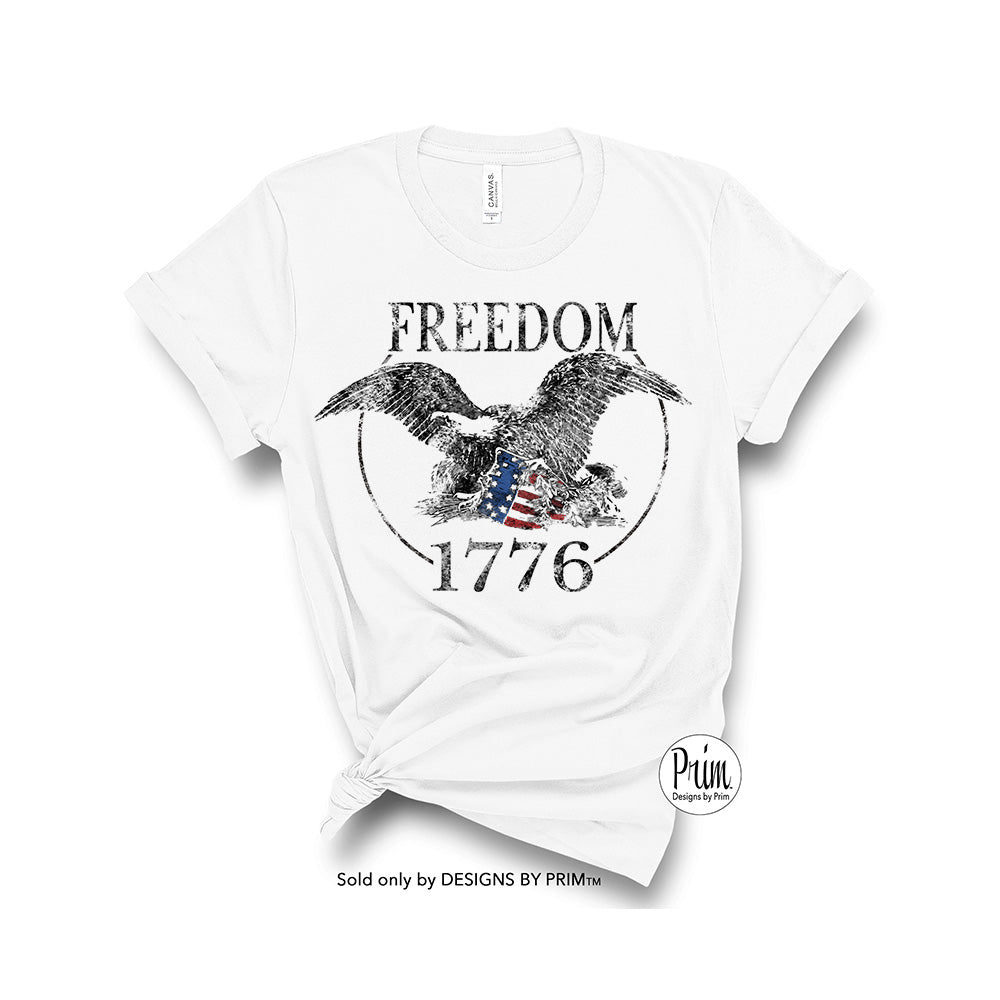 Designs by Prim Freedom 1776 American Flag Soft Unisex T-Shirt | Fourth of July Memorial Day Veterans Day Free Brave Patriotic Shirt Top