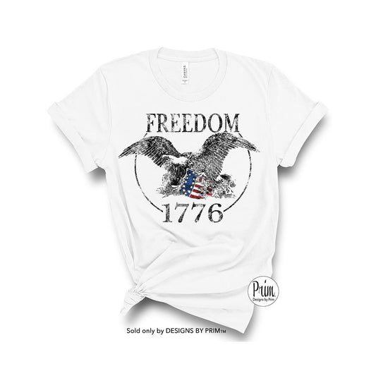 Designs by Prim Freedom 1776 American Flag Soft Unisex T-Shirt | Fourth of July Memorial Day Veterans Day Free Brave Patriotic Shirt Top