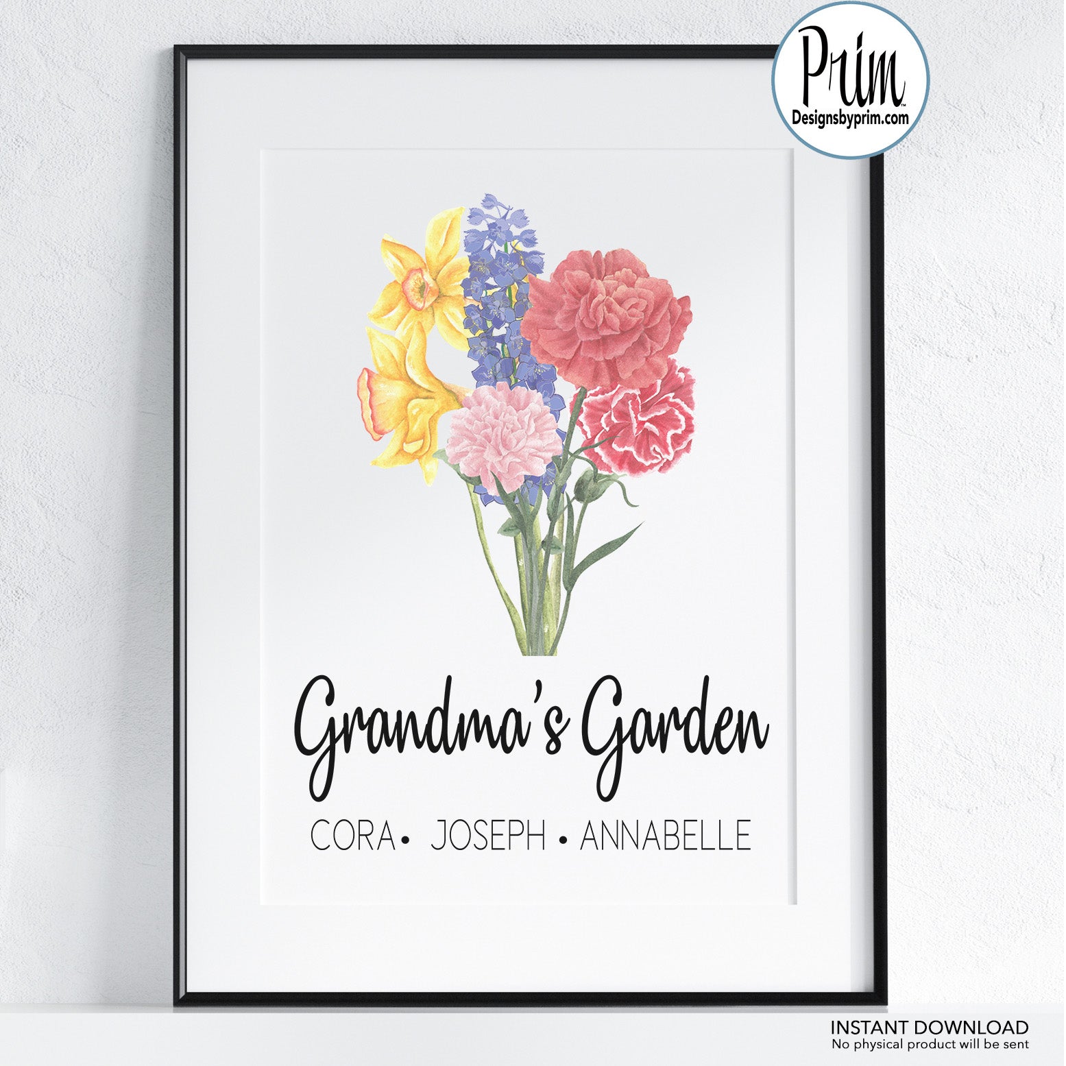Designs by Prim Grandma's Garden Print, Family Birth Flower Bouquet, Custom Flower Art, Family Portrait Print, Vintage art, Personalized Mom gift Printable