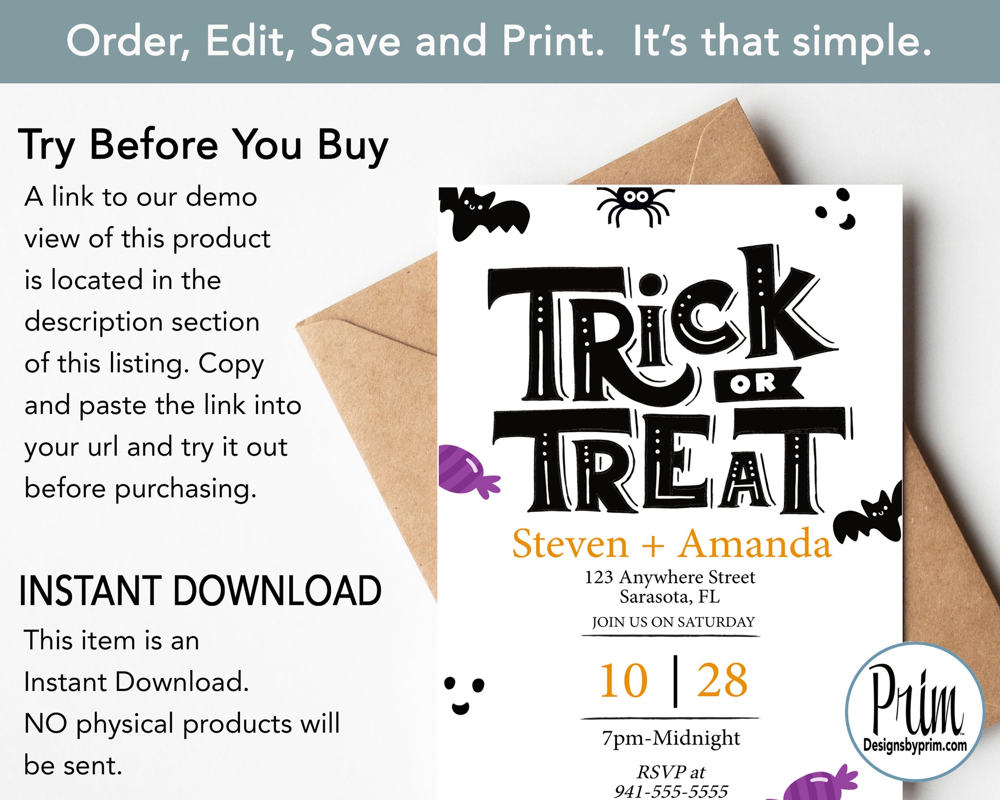 Designs by Prim Halloween Party Trick or Treat Invitation Print Digital | Pumpkin Bat Spiderweb Spooky Season Editable Template INSTANT DOWNLOAD Cell Phone