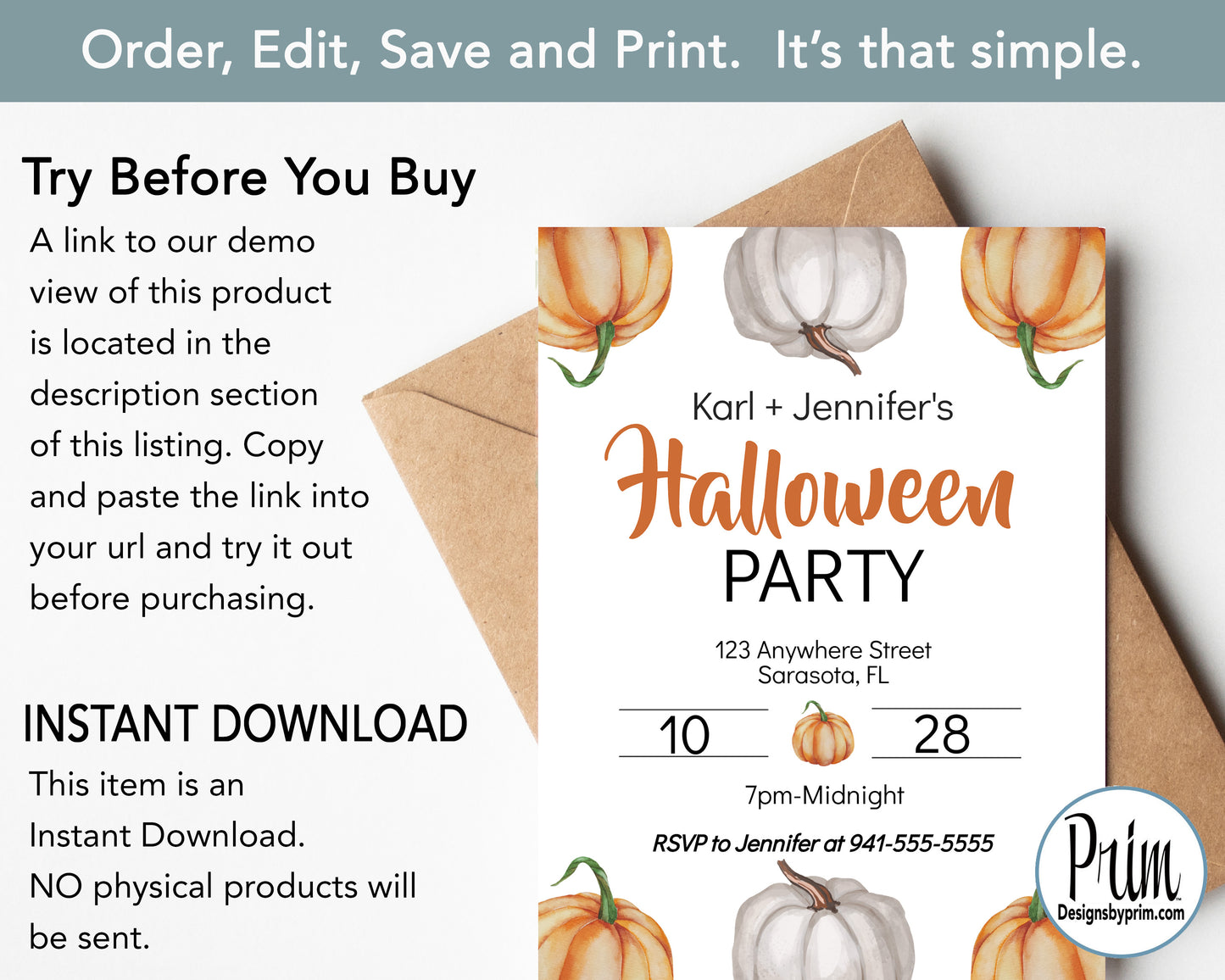Designs by Prim Halloween Party Invitation Print Digital | Pumpkin Bat Spider Web Spooky Season Editable Invite Template INSTANT DOWNLOAD Cell Phone