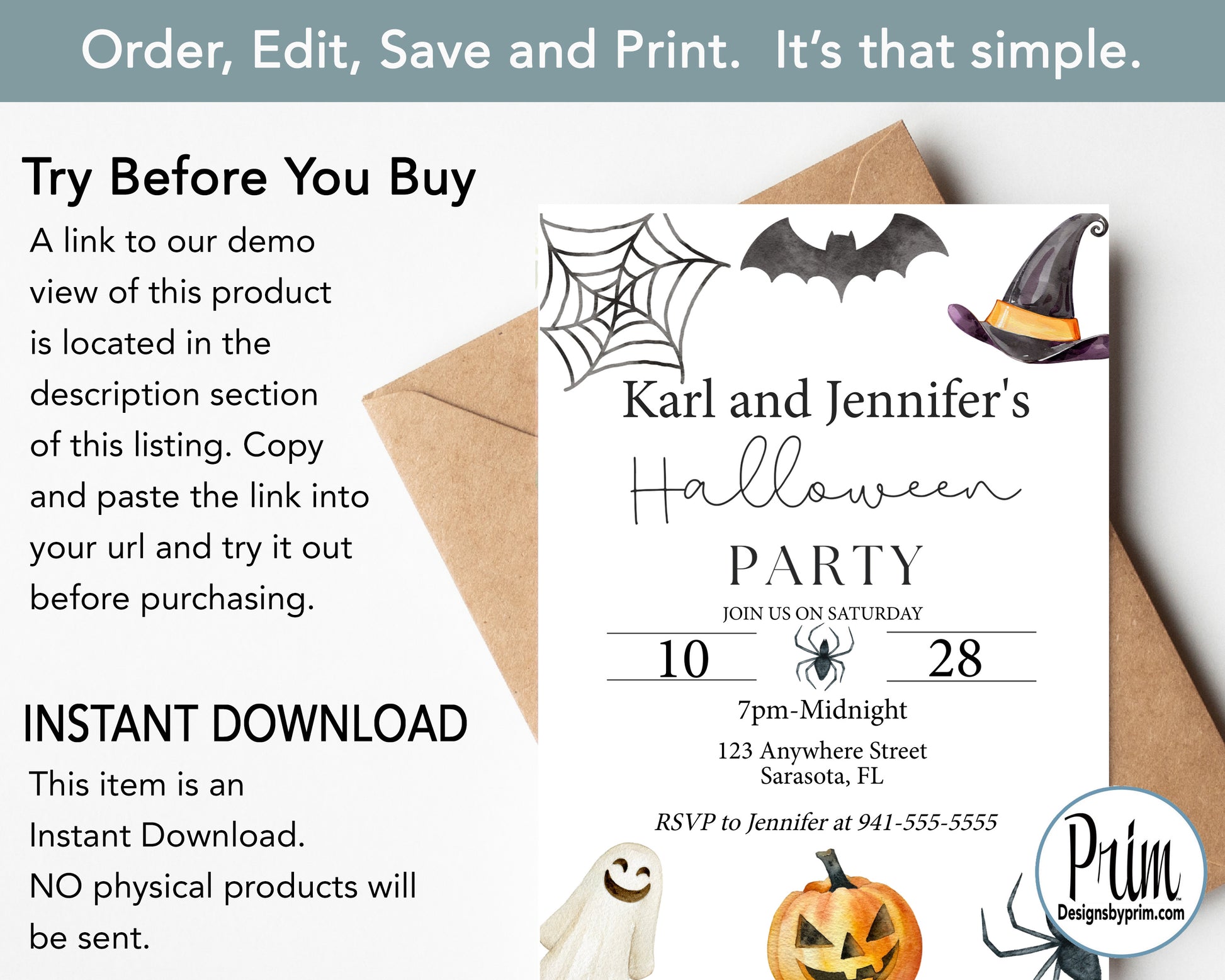 Designs by Prim Halloween Party Invitation Print Digital | Pumpkin Bat Spider Web Spooky Season Editable Invite Template INSTANT DOWNLOAD Cell Phone