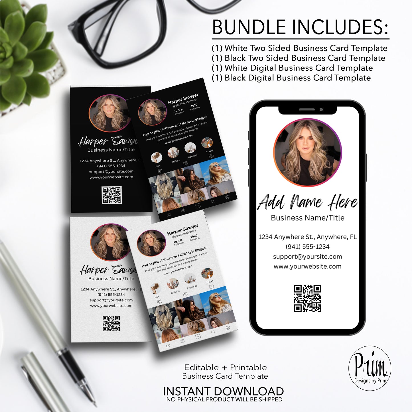 Designs by Prim Instagram Business Card Bundle | Editable Business Card Template| IG Business Card Template | Influencer Business Card | QR Code Card