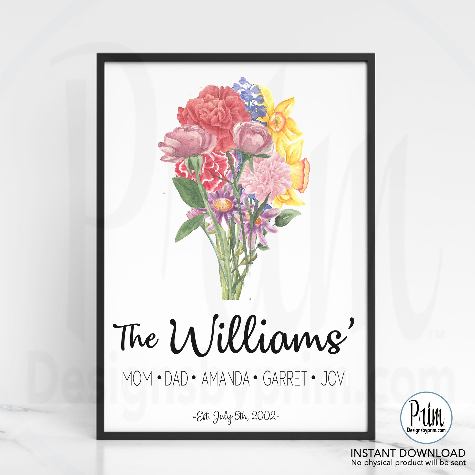 Designs by Prim Last Name Our Family Print, Family Birth Flower Bouquet, Custom Flower Art, Family Portrait Print, Personalized Grandmother gift Print