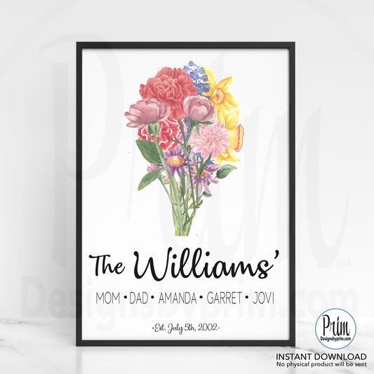 Designs by Prim Last Name Our Family Print, Family Birth Flower Bouquet, Custom Flower Art, Family Portrait Print, Personalized Grandmother gift Print