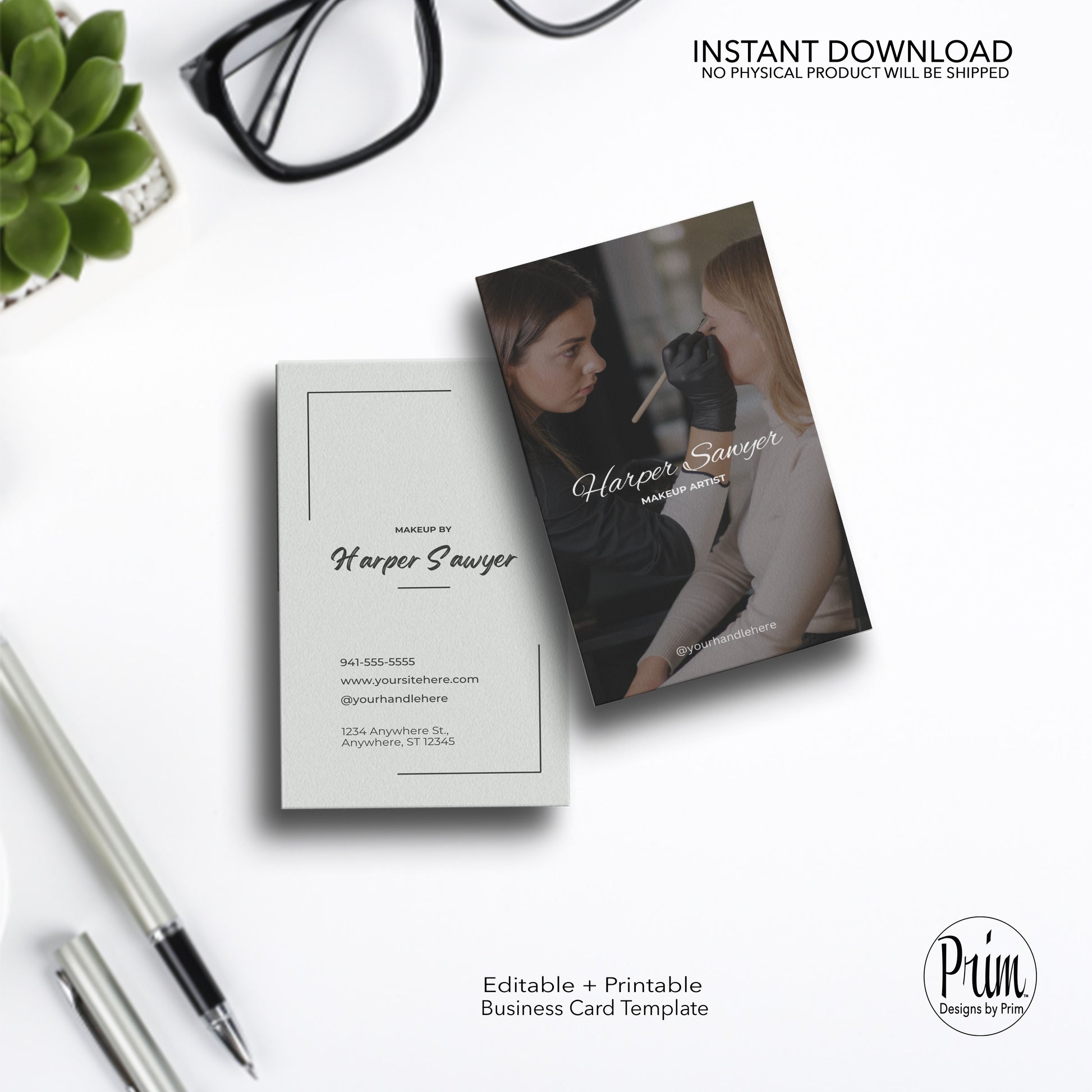 Designs by Prim Makeup Artist Business Card | Editable Business Card | Health Beauty Hair Business Template | Design Studio Card | Realtor Card Template