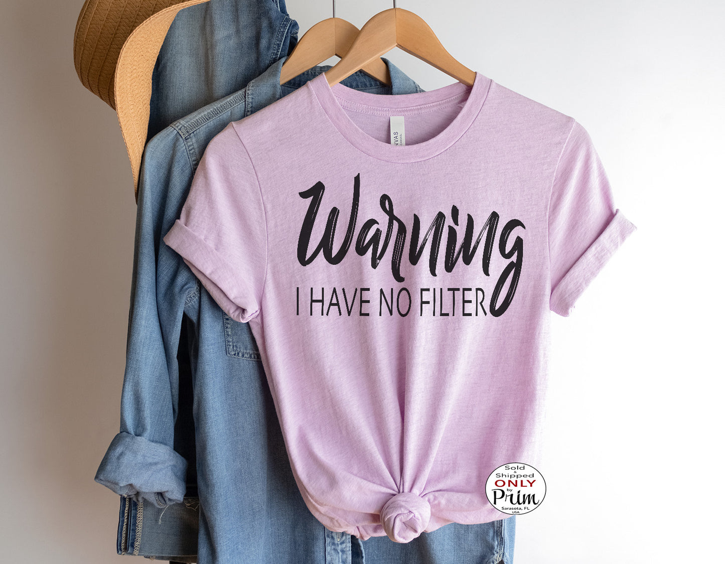 Designs by Prim Warning I Have No Filter Soft Unisex T-Shirt | Funny Caution Extrovert Sassy Say Anything Mom Life Sarcastic Inspirational Tee Shirt Top