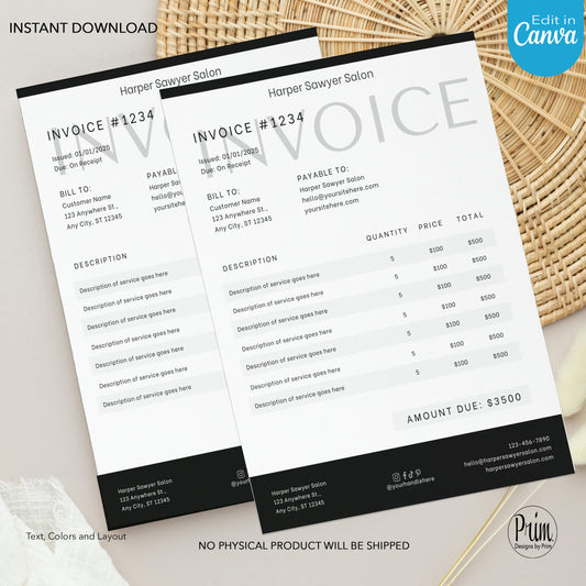 Designs by Prim Simply Modern Editable Invoice Template | Editable Price Bill | Health Beauty Hair Business Template | Design Studio | Cost of Service Note