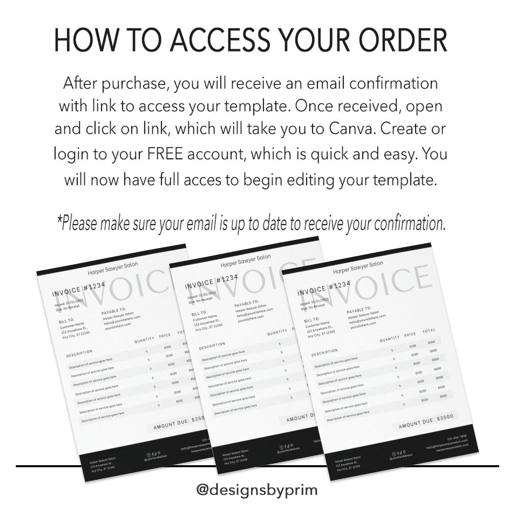 Designs by Prim Simply Modern Editable Invoice Template | Editable Price Bill | Health Beauty Hair Business Template | Design Studio | Cost of Service Note