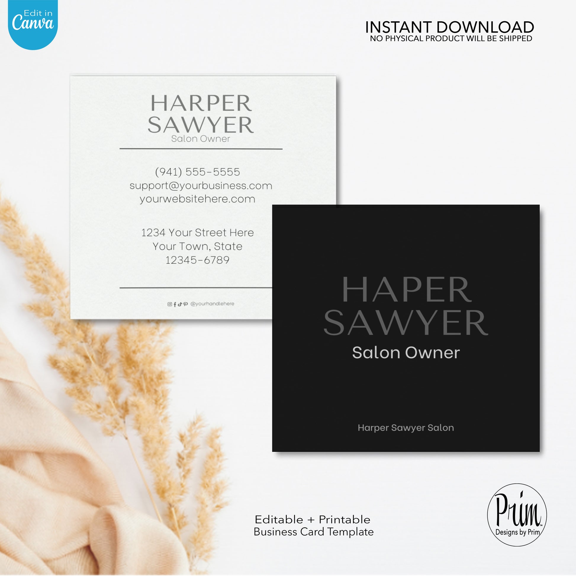 Designs by Prim Simply Modern Business Card | Editable Business Card | Interior Design Business Card Template | Salon Owner Card | Design Studio Card | Realtor Card Template