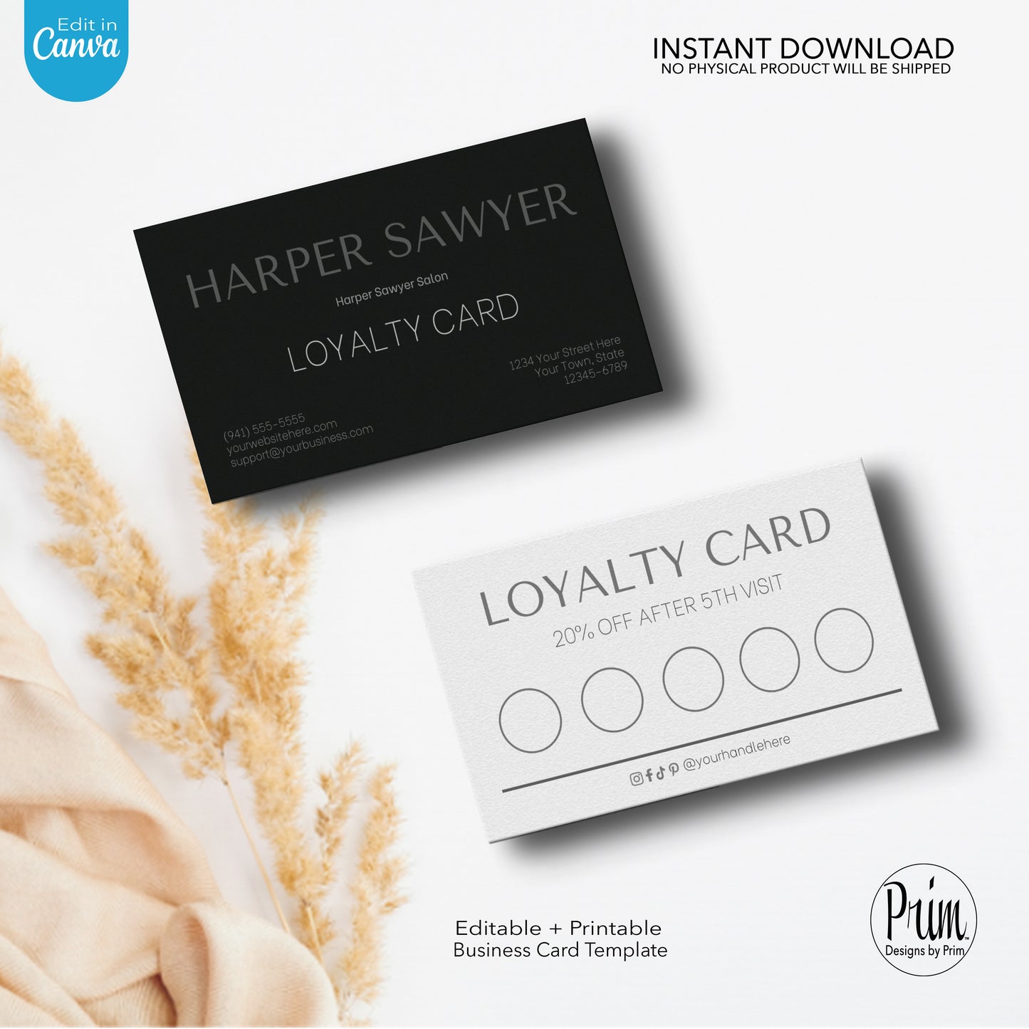 Designs by Prim Simply Modern Loyalty Card Template | Editable Customer Card | Health Beauty Hair Business Template | Design Studio | Realtor Card Template