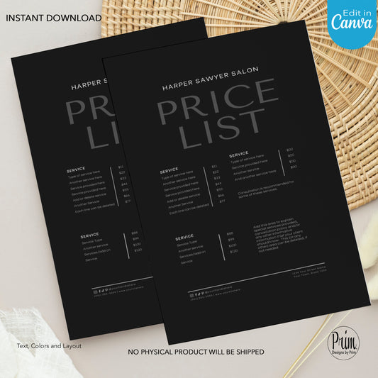 Simply Modern Business Price List Card | Editable Pricelist Template| Business Card Template | Services Offered Card | Products and Services Template