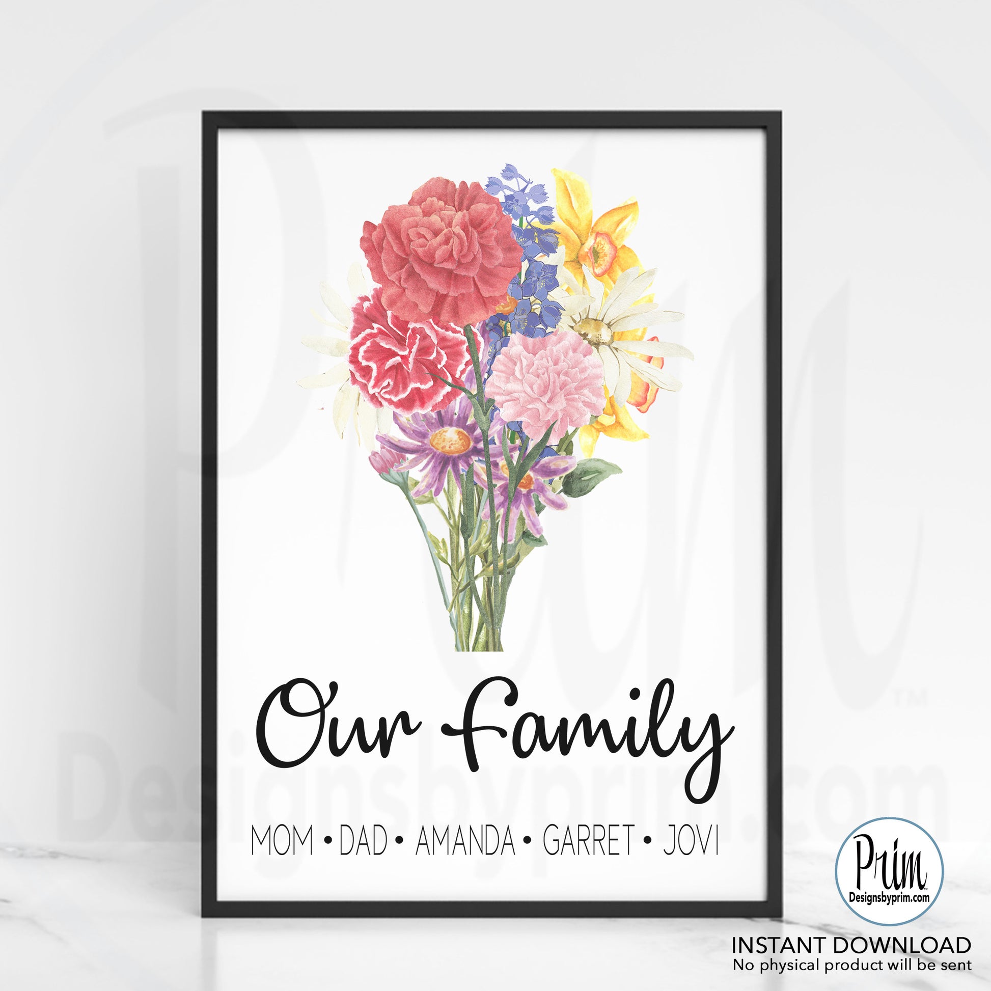 Designs by Prim Our Family Print, Family Birth Flower Bouquet, Custom Flower Art, Family Portrait Print, Vintage art, Personalized Grandmother gift Print