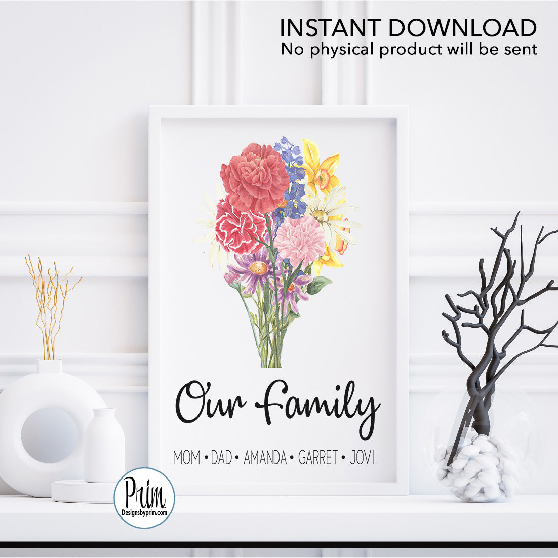 Our Family Print, Family Birth Flower Bouquet, Custom Flower Art, Family Portrait Print, Vintage art, Personalized Grandmother gift Print