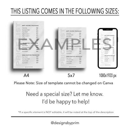 Designs by Prim Business Price List Card | Editable Pricelist Template| Business Card Template | Services Offered Card | Products and Services Template