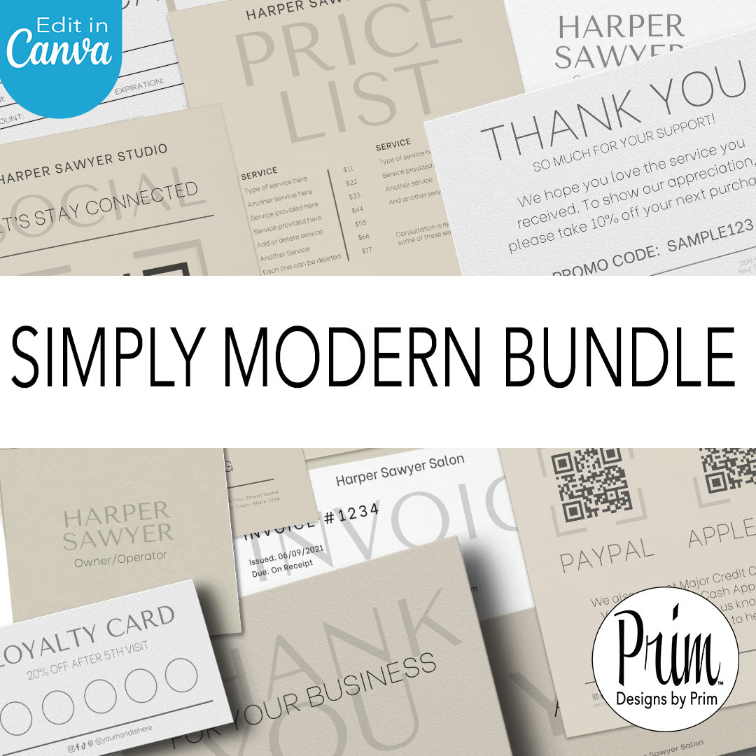 Designs by Prim Simply Modern Business Branding Bundle | Business Card| Price List | Invoice Template | Social Media Follow | Thank You Card | Loyalty Card