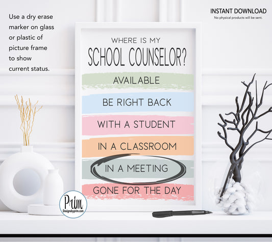 Designs by Prim School Counselor Printable Door Sign Therapist Psychologist Classroom Teacher Available Unavailable Welcome Do Not Disturb Out of Office