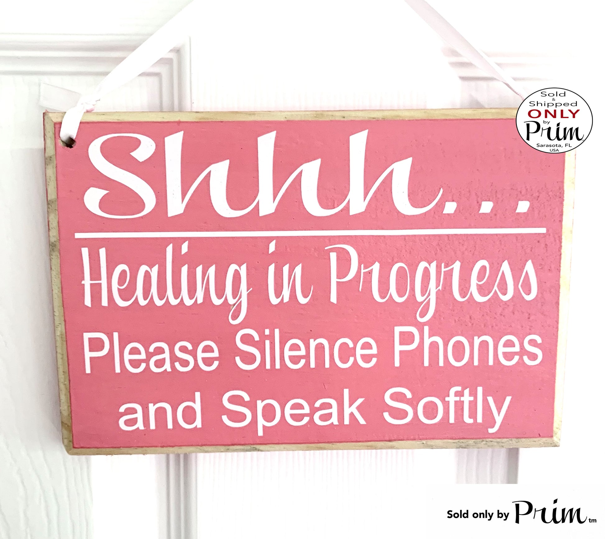 Designs by Prim 8x6 Shhh Healing In Progress Please Silence Phones and Speak Softly Custom Wood Sign | Business Office Door Therapy Room Door Plaque