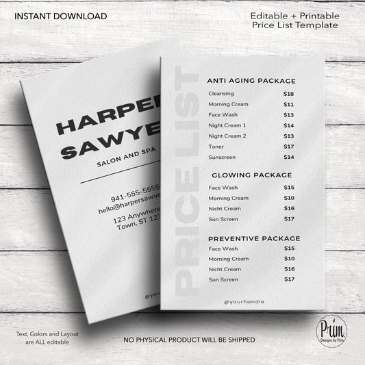 Designs by Prim Business Price List Card | Editable Pricelist Template| Business Card Template | Services Offered Card | Products and Services Template