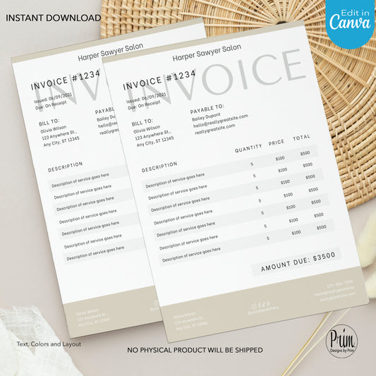 Designs by Prim Simply Modern Editable Invoice Template | Editable Price Bill | Health Beauty Hair Business Template | Design Studio | Cost of Service Note
