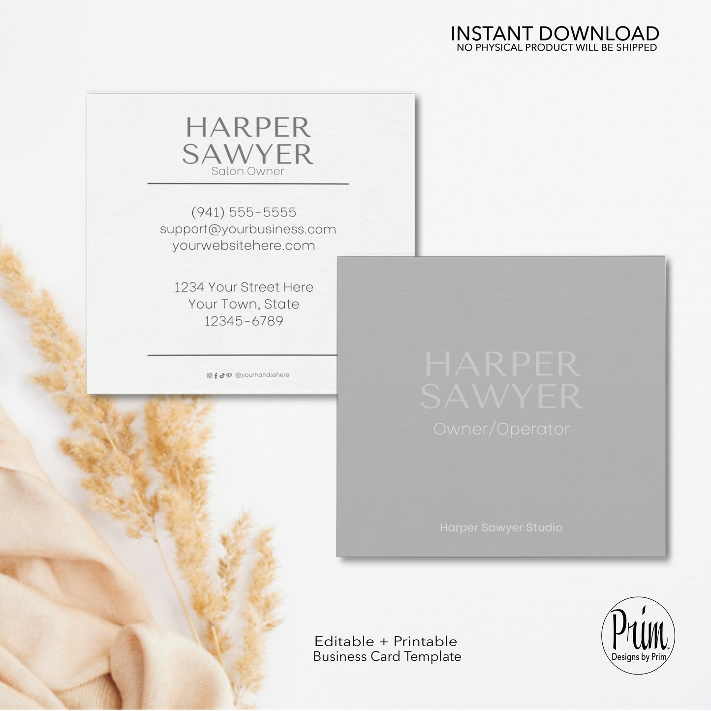 Designs by Prim Designs by Prim Simply Modern Business Card | Editable Business Card | Health Beauty Hair Business Template | Design Studio Card | Realtor Card Template