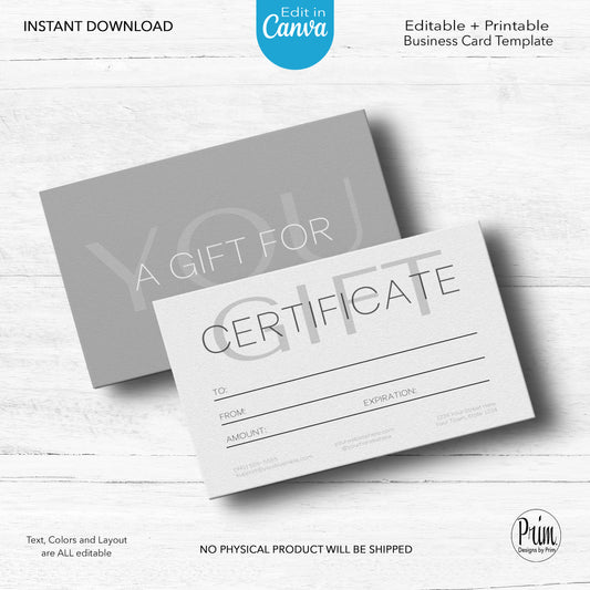 Designs by Prim Simply Modern Gift Certificate Template | Editable Gift Card | Health Beauty Hair Business Template | Design Studio | Realtor Card Template