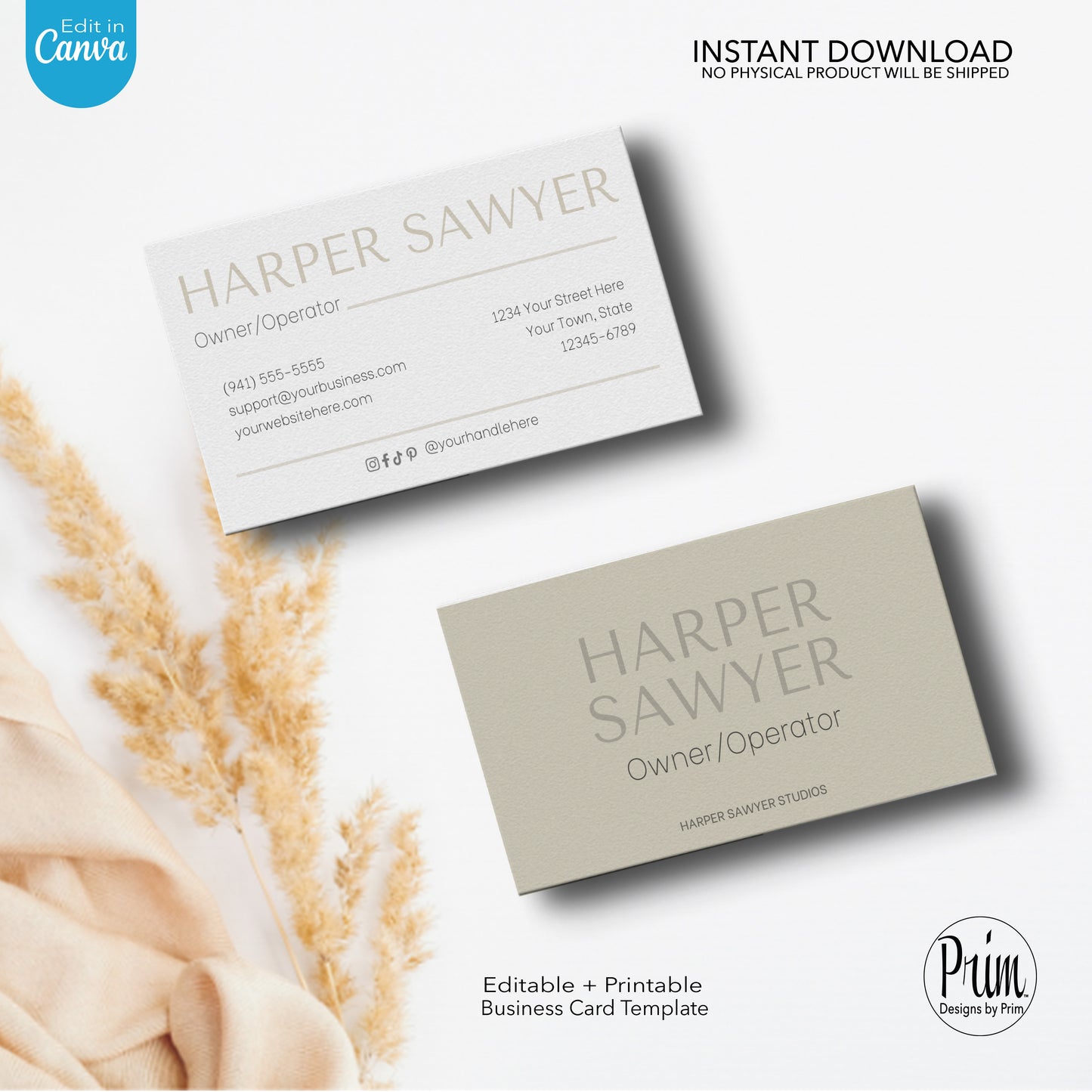 Designs by Prim Simply Modern Business Card | Editable Business Card | Health Beauty Hair Business Template | Design Studio Card | Realtor Card Template