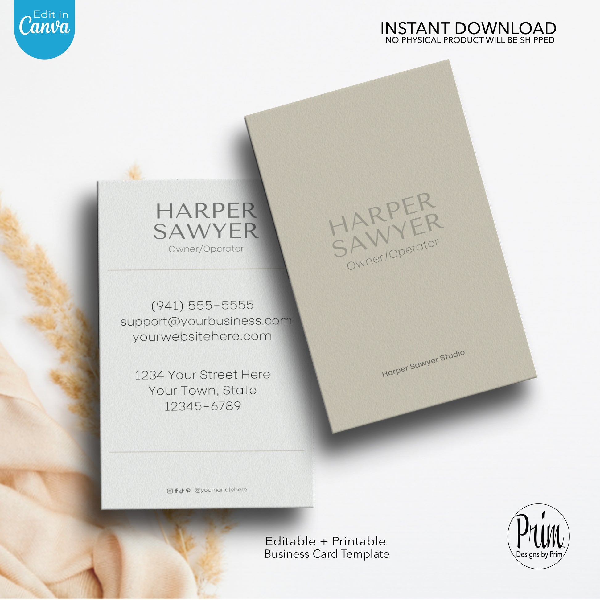 Designs by Prim Simply Modern Business Card | Editable Business Card | Health Beauty Hair Business Template | Design Studio Card | Realtor Card Template