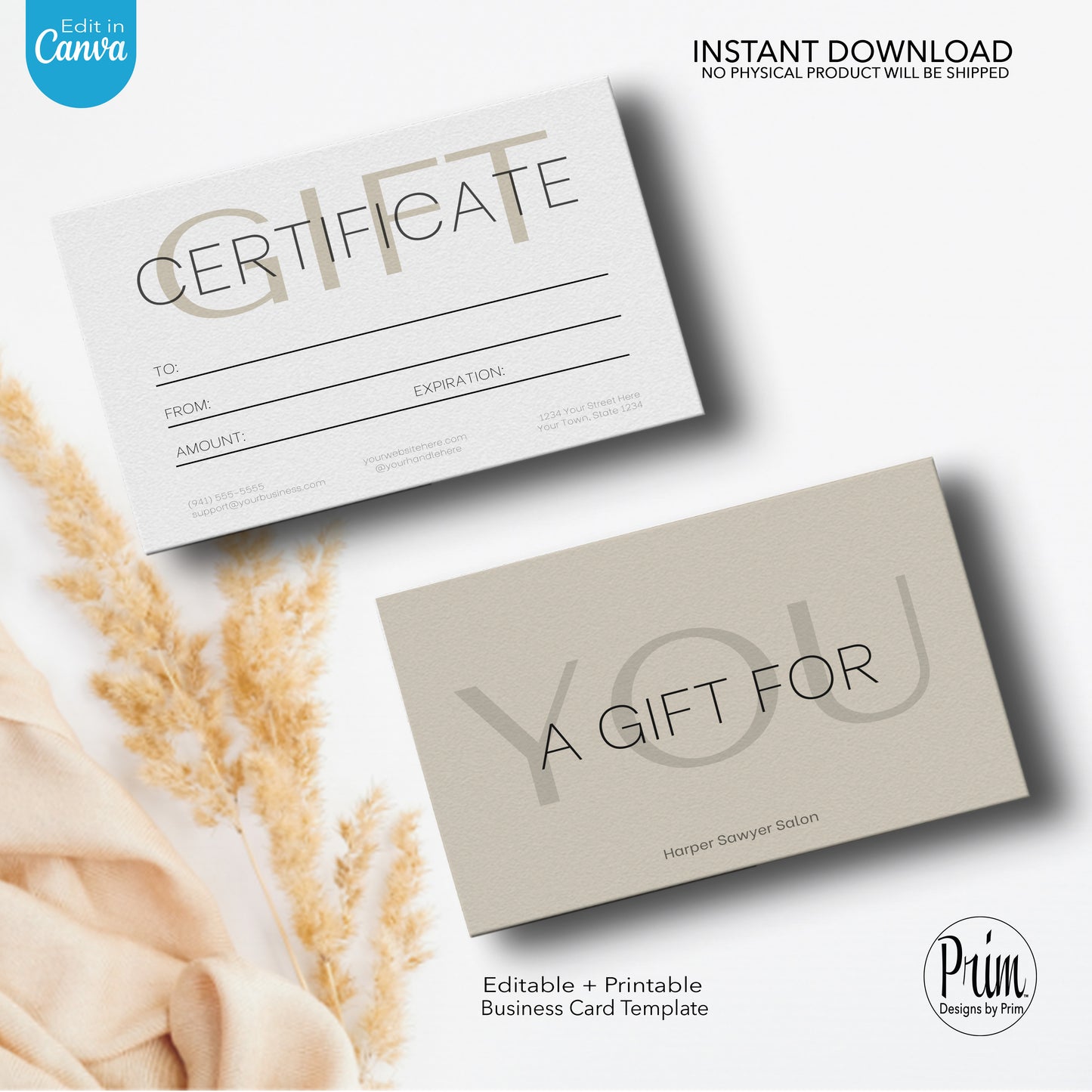 Designs by Prim Designs by Prim Simply Modern Gift Certificate Template | Editable Gift Card | Health Beauty Hair Business Template | Design Studio | Realtor Card Template