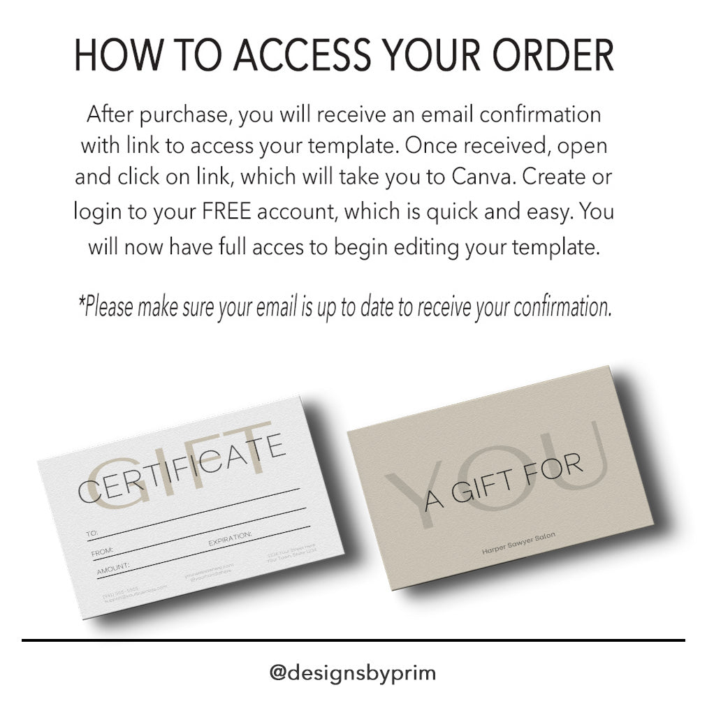 Designs by Prim Designs by Prim Simply Modern Gift Certificate Template | Editable Gift Card | Health Beauty Hair Business Template | Design Studio | Realtor Card Template